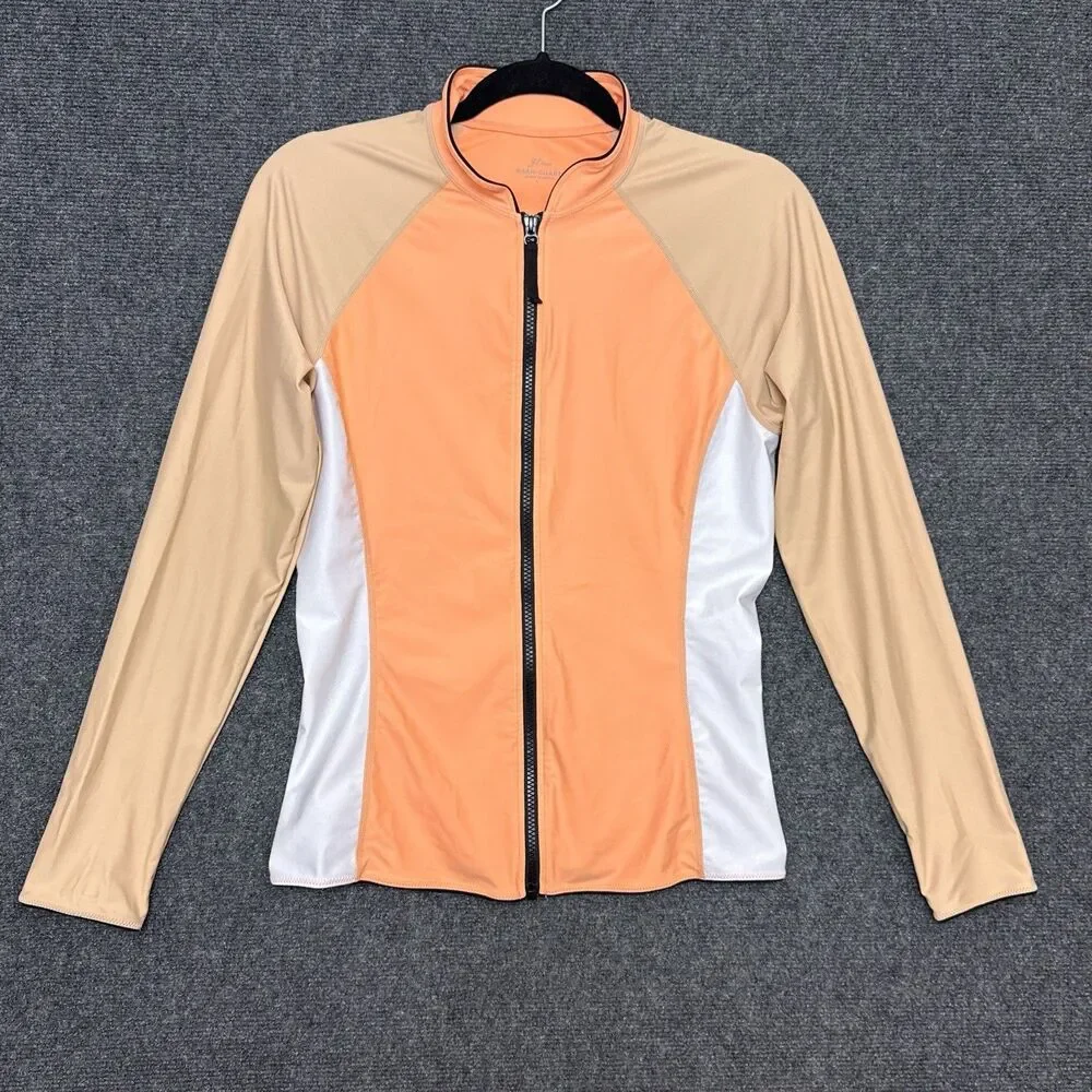 J Crew Womens Full Zip Rash Guard Swim Top L Orange Bathing Suit Top Stretch